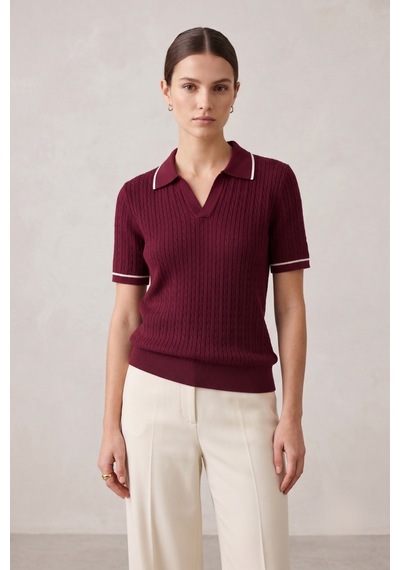 Rovebella Incanto Polo Yaka Saç Örgü Bordo Triko Bluz
