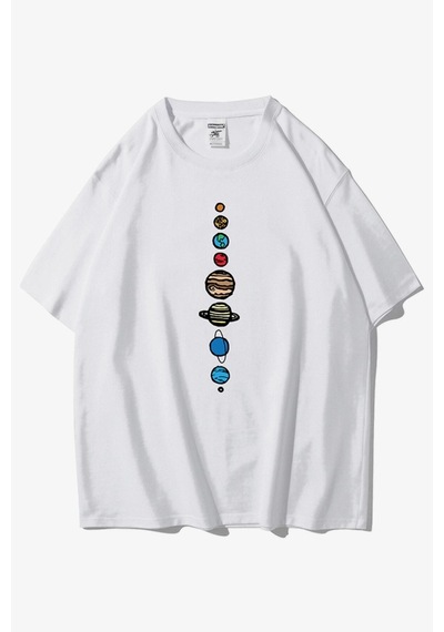 Startmore Unisex Beyaz 9 Gezegen Baskılı Oversize Bisiklet Yaka Tshirt Beyaz