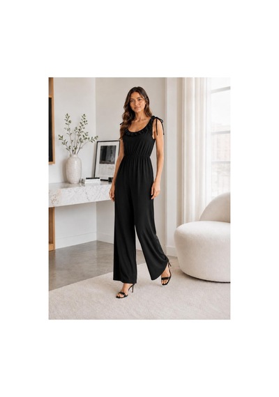 Unika Boutique Kadın Bürümcük Askılı Fırfırlı Bol Paça Tulum Siyah
