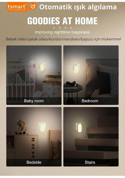 Sensörlü Led Gece Lambası Prize Takılan Otomatik Karanlık Sensörlü Gece Işığı Bebek Odası Koridor Yatak Odası Ts-n24 1.0 Beyaz Gri