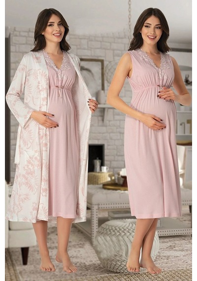 Effortt Dvina Lohusa Hamile Desenli Sabahlık Ve Askılı Gecelik - 2'li Set - Pembe Pembe