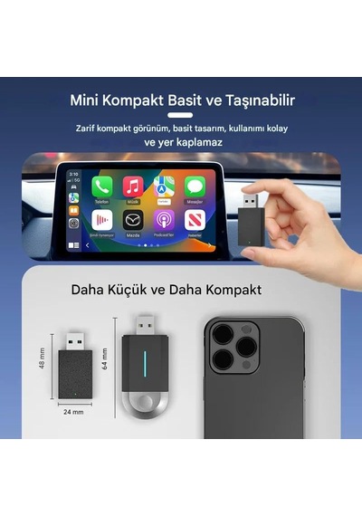 Kablosuz Carplay Ve Android Auto Adaptörü, 2'si 1 Arada, Usb Ve Type-c Bağlantı, Tak Çalıştır Mini Dongle 48mm Nano