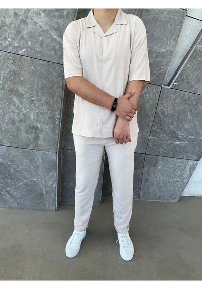 Lulikwear Erkek Baggy Pantolon ve Gömlek Takım Bej