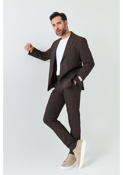 Kahverengi Çizgili 6 Drop Erkek Slim Fit Takım Elbise Kahve