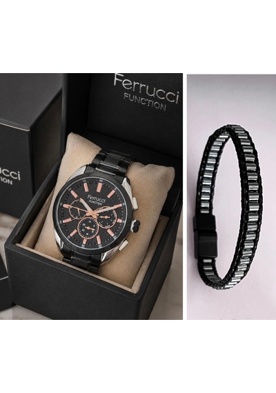 Ferrucci Fc52188 Çelik Kordon&kasa Fonksiyonlu Erkek Kol Saati+%100 Deri&hematit Bileklik Gümüş