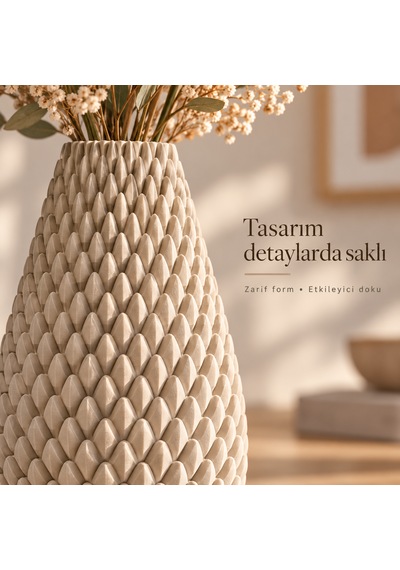 Kabartma Desenli Dekoratif Vazo 20 Cm Modern Tasarım Bej