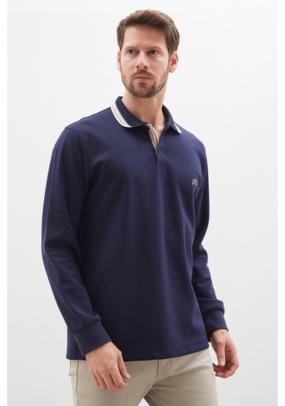 Fullamoda Nakışlı Yarım Düğmeli Polo Yaka Modal Sweatshirt Lacivert