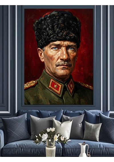 Kalpaklı Atatürk Asker Portresi Dekoratif Kanvas - Mdf Ahşap Tablo