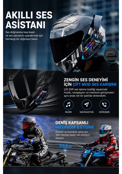 Rgb Işıklı Bluetooth 5.3 Interkom - Su Geçirmez Müzik Çalar Motosiklet Kask İçi Kulaklık Intercom
