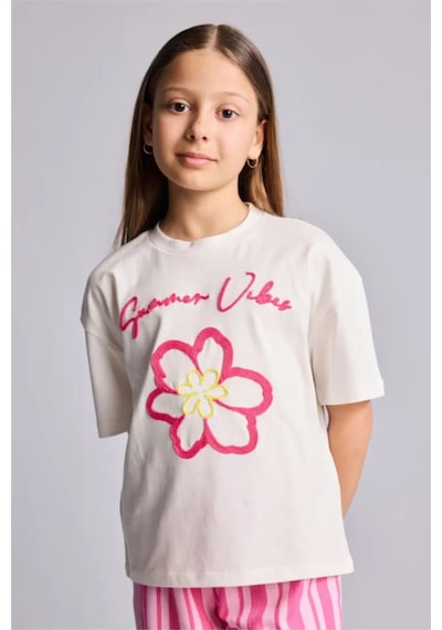 Defacto Bisiklet Yaka Floral Kısa Kollu Tişört Kız Çocuk H6155a826hser98 Ekru-er98