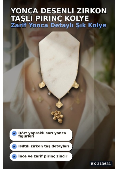 Bay Yonca Desenli Zirkon Taşlı 45 Cm Pirinç Bijuteri Kolye - Günlük Kullanıma Uygun Bx-313631 Najmaddin Standart