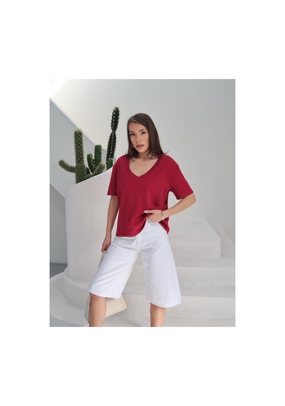 Paw Garage Kadın Massi İnterlok Kumaş V Yaka Oversize T-shirt Bordo