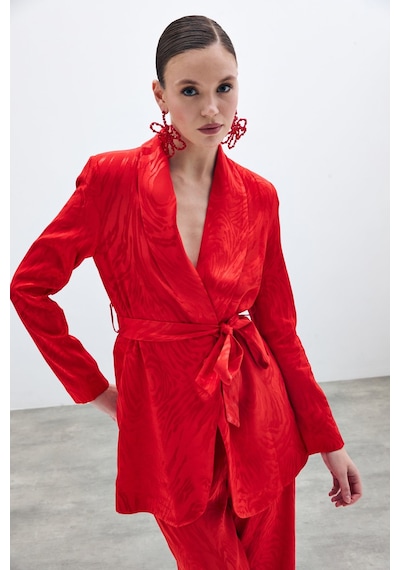 Sateen Kuşaklı Desenli Uzun Ceket - Kırmızı-135676 Kırmızı