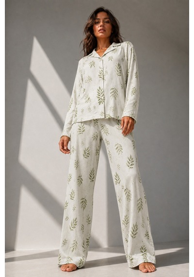 Kadın Uzun Kol Pamuklu Çağla Yeşili Pijama Takımı
