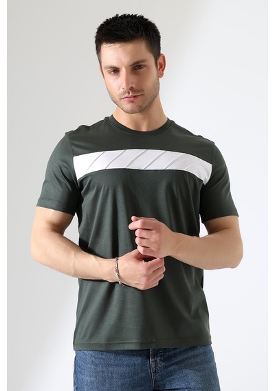 Erkek İki Renk Parçalı Bisiklet Yaka T-shirt - Pamuklu Tişört Haki