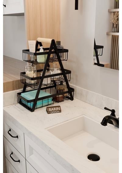 3 Katlı Metal Telli Banyo Düzenleyici Raf Havluluk, Pamukluk, Kişisel Bakım Ve Kozmetik Organizer Siyah