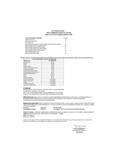 Agrosin Spica 13.24.12+(2MgO)+(10SO3)+ME Granül NPK Taban Gübresi 50 kg -