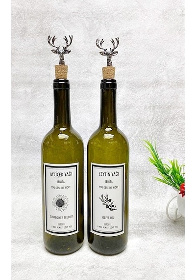 2 Adet Siyah Geyik Mantar Tıpalı Yeşil 750 Ml Şişe Beyaz Etiket Y