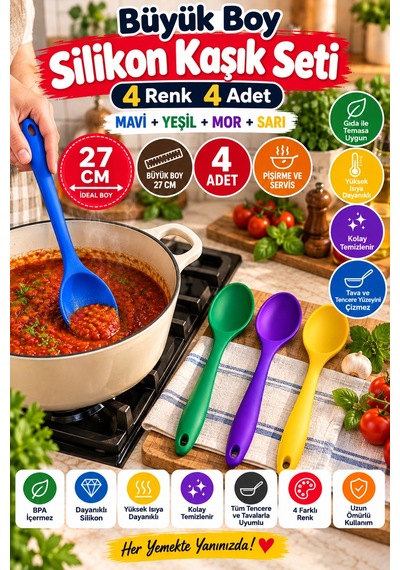 4'lü Set Mavi Yeşil Mor Sarı, Büyük Boy Silikon Kaşık Seti 27 Cm, Mutfak Yemek Pişirme Servis Kaşığı