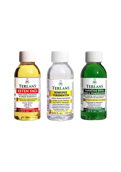 Yağlı Boya Seti Yardımcı Malzemeler 3x100ml Boya Fırça Temizleyici - Kokusuz Terebentin - Keten Yağı