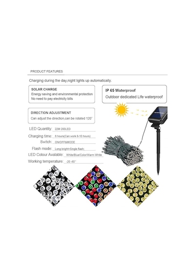 Solar Güneş Enerjili Dış Bahçe 8 Modlu 20Metre 200 Led Aydınlatma Solar Güneş Enerjili Dış Bahçe 8 Modlu 20Metre 200 Led Aydınlatma