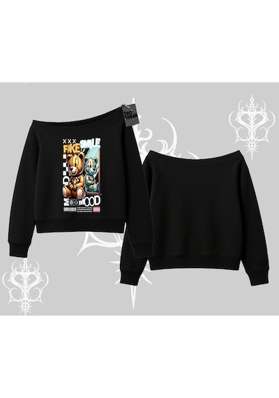Startmore Kayık Yaka Sweatshirt Fake Smile Mood Ayıcık Grafik Baskılı Siyah