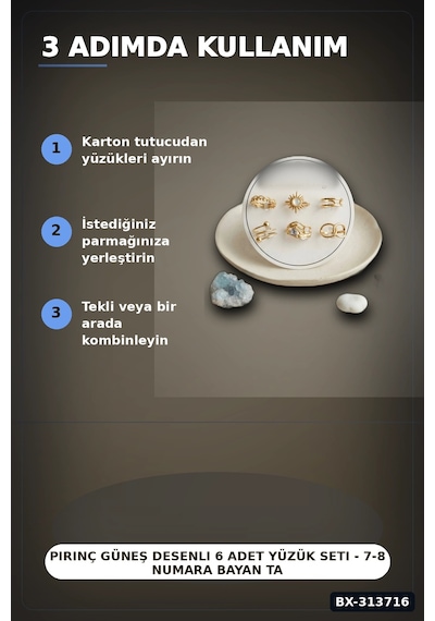 Pirinç Güneş Desenli 6 Adet Yüzük Seti - 7-8 Numara Bayan Takı Hediyelik Bx-313716 Çok Renkli