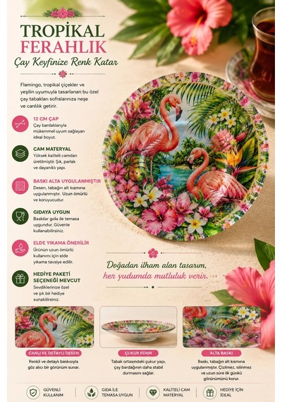 6 Lı Cam Çay Tabağı - Tropikal Flamingo Ve Çiçek Desenli 12 Cm - 6 Adet Çay Tabak Pembe