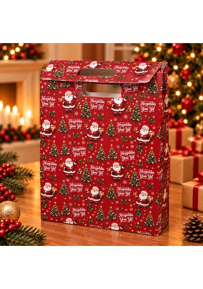 Balgelal Kırmızı Noel Baba Ve Çam Ağacı Desenli Yılbaşı Hediye Paket Çantası - Kulplu Dekoratif Karton Hediye Poşeti - 1'li - 9021426364010