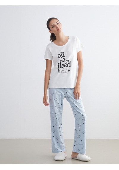 Lcw Dream Mavi Büyük Beden Bisiklet Yaka Baskılı Kadın Pijama Takımı