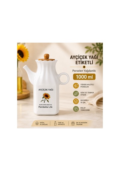 Porselen 1000 Ml Ayçiçek Etiketli Kare Yağdanlık Yağlık Beyaz Beyaz