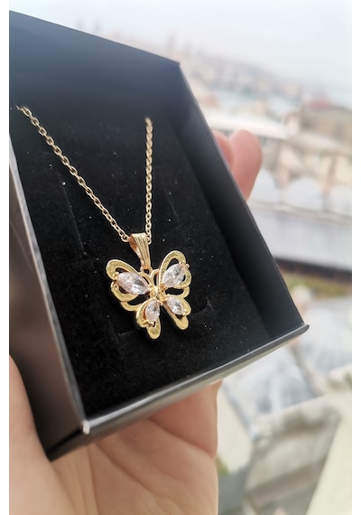 Ervanur Altın Kaplama Beyaz Zirkon Taşlı Kelebek Kolye Altın