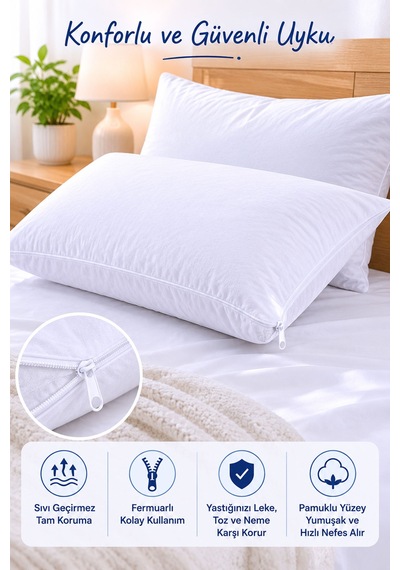 Sıvı Geçirmez Yastık Alezi 2'li 50x70 Cm Pamuklu Fermuarlı Puresleep Beyaz
