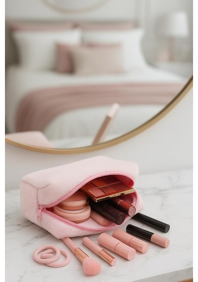 Peluş Yumuşacık Makyaj Çantası - Kozmetik Organizeri Pembe Çok Renkli