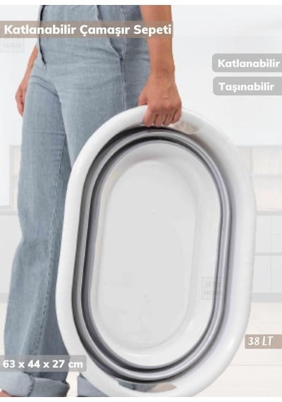 Çamaşır Sepeti Katlanır Sele Silikon Sepet Büyük Boy 38 Lt. Beyaz Gri