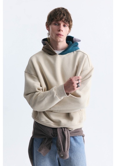 Vamos Boxy Fit Kapüşonlu Sweatshirt Bej