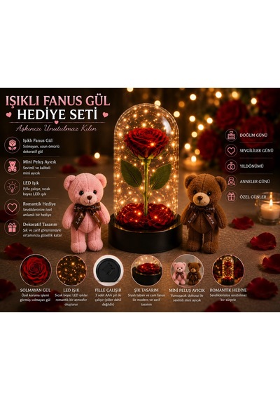 Led Işıklı Mika Fanus Solmayan Yapay Kırmızı Gül & 2 Mini Peluş Ayıcık Sevgiliye Romantik Hediye Set