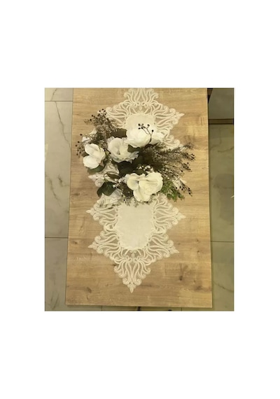 Salon Takımı 5 Parça Keten Masa Örtüsü Runner Seti Çeyizlik Gülseda Model No 896 Krem-krem Çok Renkli
