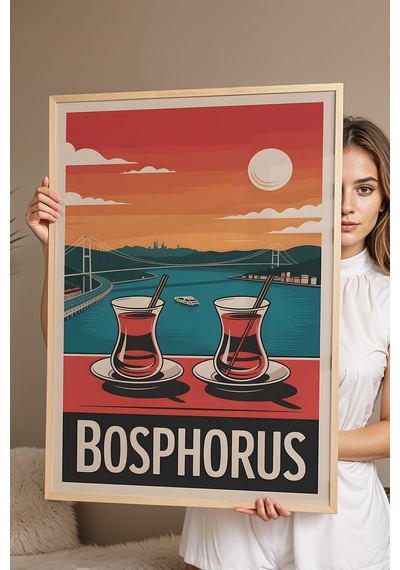 İstanbul Boğazı Tablo - Bosphorus Retro Travel Poster - Çay Keyfi Manzaralı Duvar Dekoru - Çerçeveli Kayın