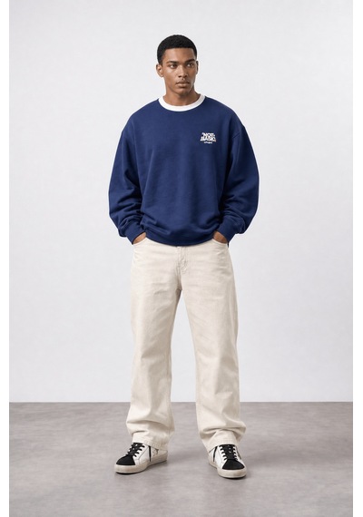 Respire Erkek Not Basic Project Baskılı Oversize Sweatshirt Lacivert