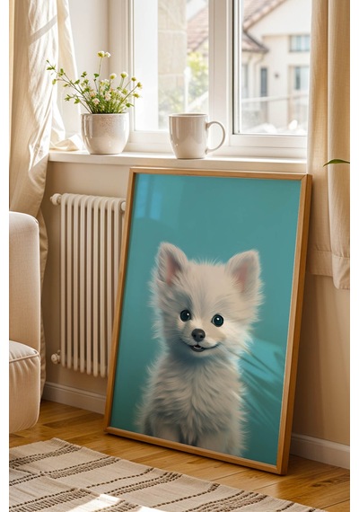 Sevimli Beyaz Yavru Köpek Çerçeveli Tablo - Çocuk Ve Bebek Odası Modern Hayvan Duvar Dekoru Kayın