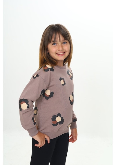 Toontoy Kız Çocuk Pano Baskılı Sweatshirt Koyu Kahverengi