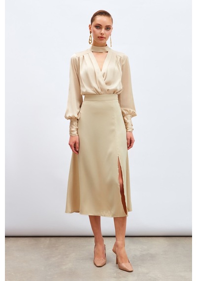 Sateen Yırtmaçlı Saten Etek - Bej