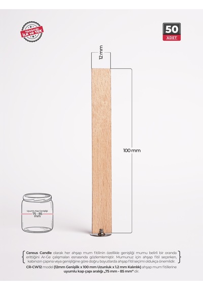 Ahşap Mum Fitili 12 Mm Genişlik Çelik Taban, 3m Köpük Bantlı, 50 Li Set Ahşap