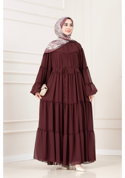 Sevitli Robalı Manolya Şifon Elbise-bordo-5783