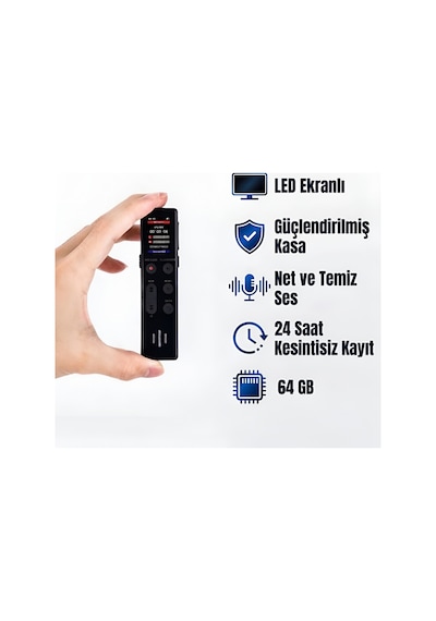 Led Ekranlı 64gb Ses Sensörlü Kayıt Cihazı 35 Saat Kayıt