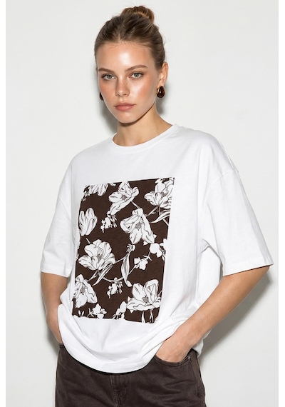 Shade Kadın Bisiklet Yaka Çiçek Baskılı Oversize %100 Pamuklu T-shirt Öt100001 60286273 - Beyaz-kahve Beyaz - Kahverengi