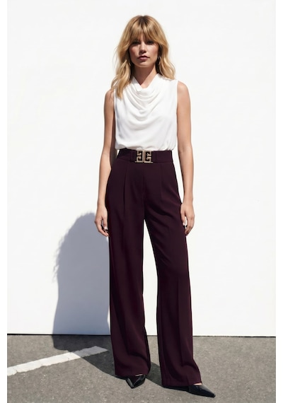 Sateen Bel Aksesuarlı Bol Paça Pantolon - Mürdüm-137425