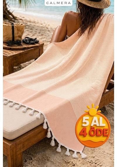 Calmera Çizgili Peştemal Pamuk - Doğal Saçaklı Plaj, Deniz, Havuz, Spa, Sauna, Spor, Seyahat Havlu - Somon