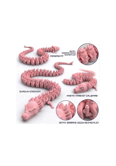 Hareketli Eklemli Yeşil Ejderha Figürü - 46 Cm Stres Oyuncağı - Esnek Eğitici Hayvan Figürü- Pembe